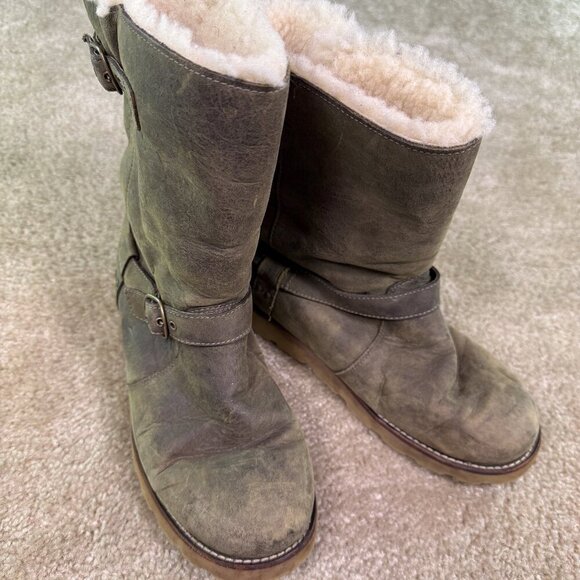 UGG Shoes - UGG Women's Size 8 NOIRA 1001733 Leather Waterproof Sheepskin Brown Biker Boots